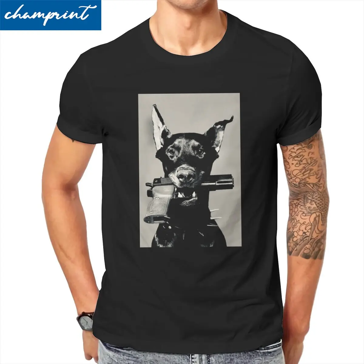 Doberman Holding Pistol T Shirts for Men 100% Cotton Novelty T-Shirt Round Neck  Tees Short Sleeve Clothes 4XL 5XL