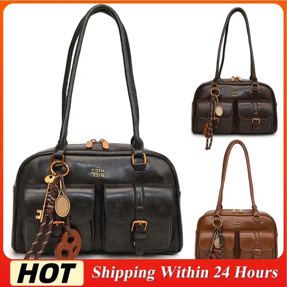 

Women Solid Color Handbag with Pendant Multi Pockets Shoulder Bag Retro Underarm Bag Travel Shopping Date Handbag