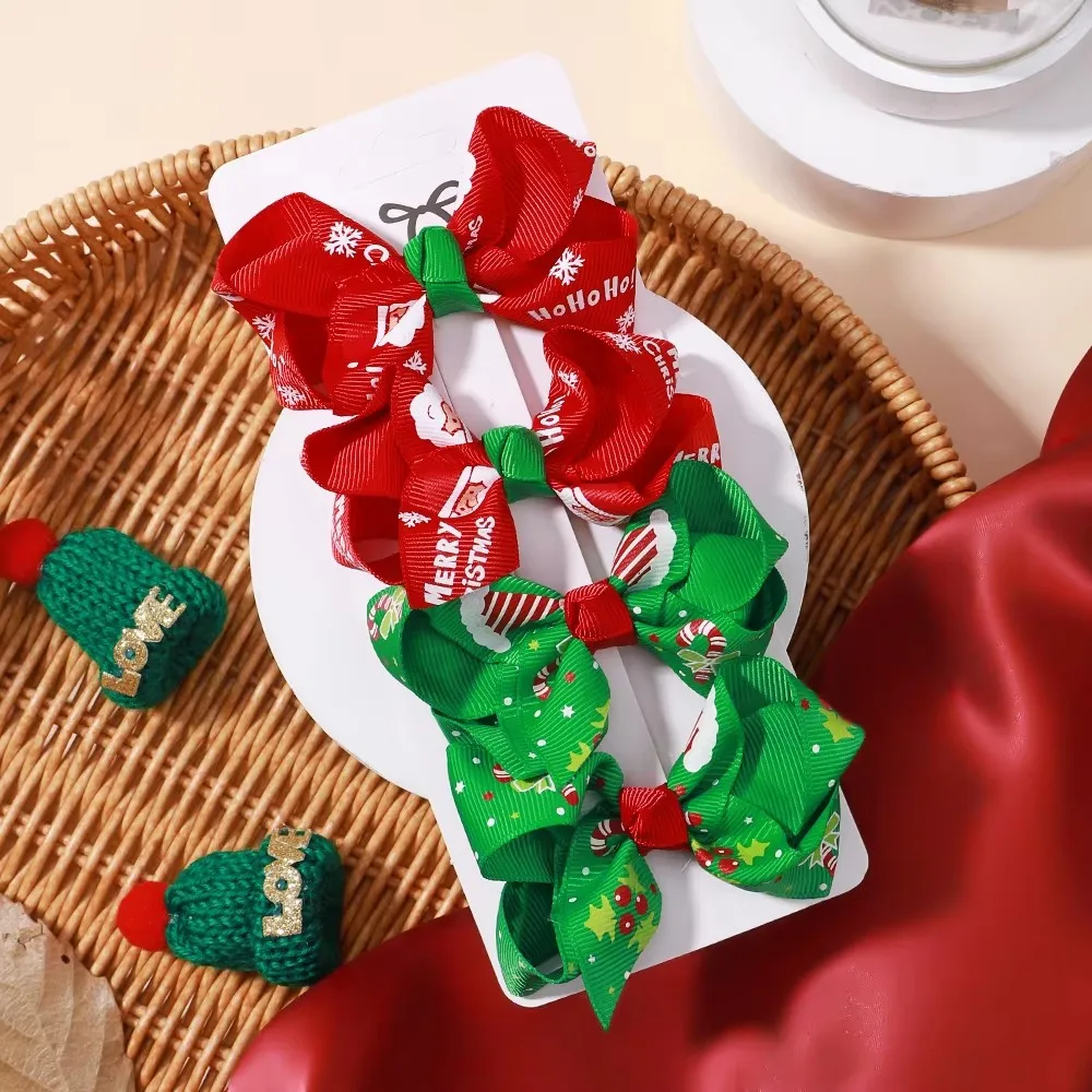 4Pcs/Set Chrismas Childrens Bowknot Hair Clip  Holiday Party Dress Up Hairpins Santa Claus Socks New Years Gift Set
