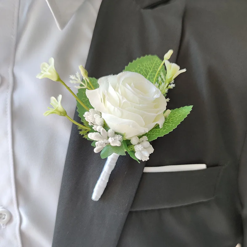 Boutonniere สร้อยข้อมือเจ้าบ่าวสำหรับเพื่อนเจ้าสาวอุปกรณ์จัดงานแต่งงานดอกกุหลาบเทียมตกแต่งงานปาร์ตี้ดอกไม้ผ้าไหม