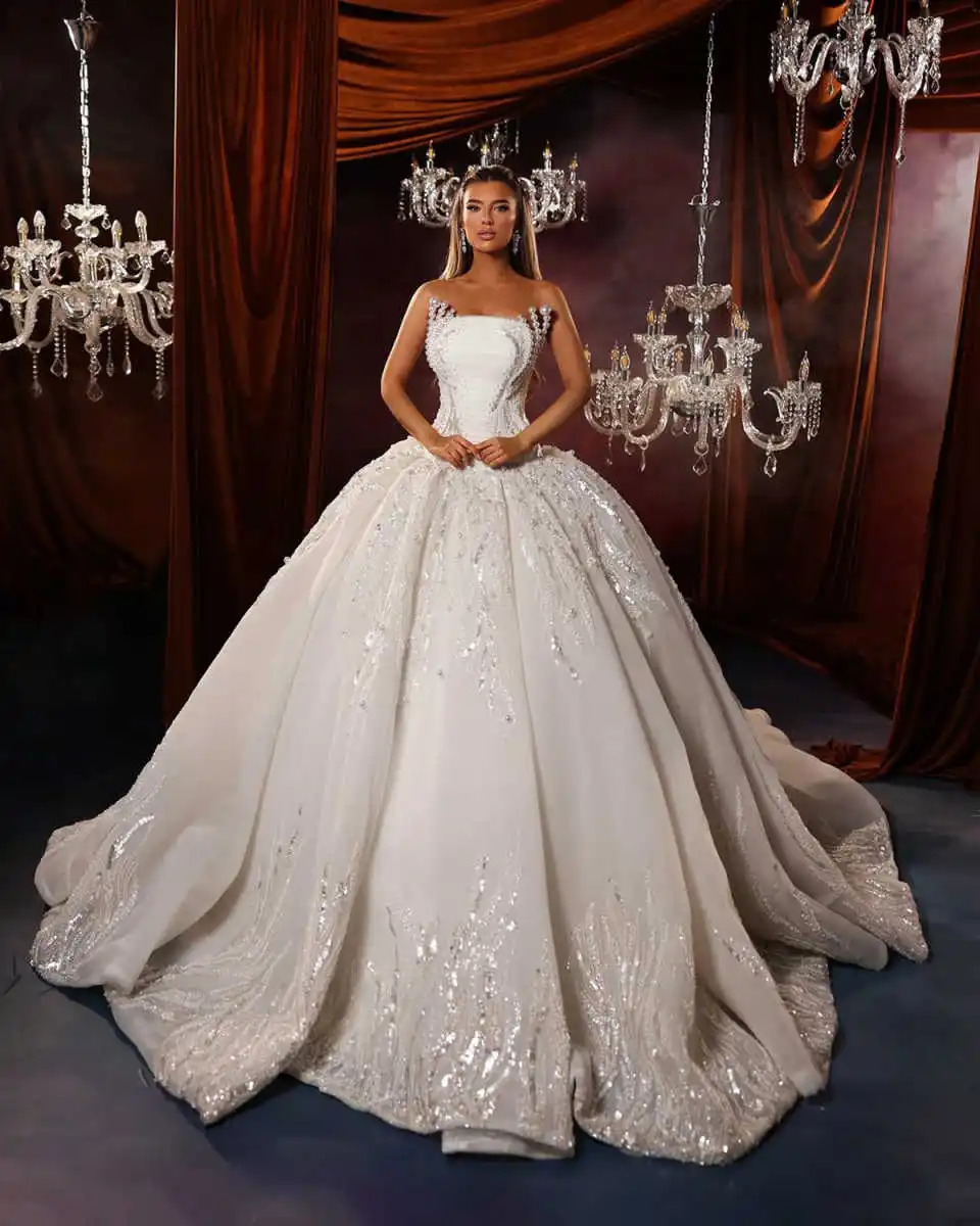 Luxuoso vestido de casamento sem alças vestido de baile elegante lantejoulas renda vestido de noiva personalizado sem mangas vestidos de novia