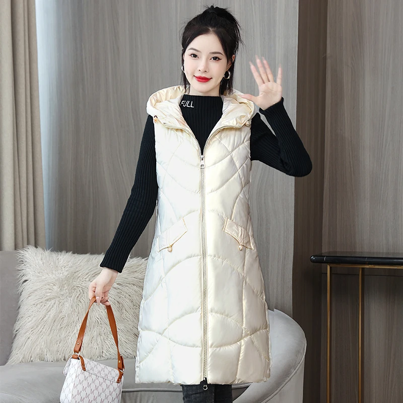 

2022 Autumn Winter New No Wash Glossy Down Cotton Vest Thick Warm Long Coat Female Parka Hooded Sleeveless Jacket Women Vests