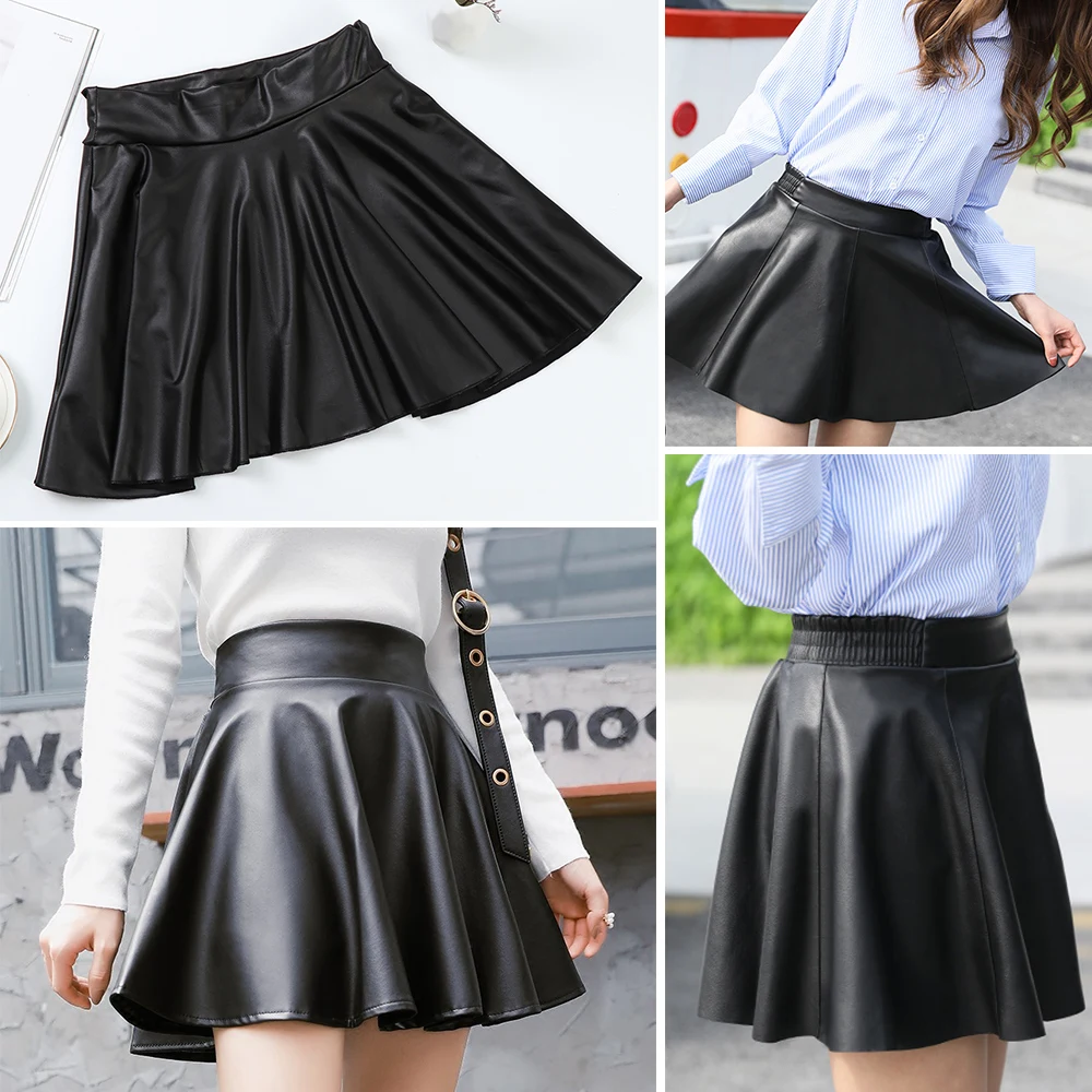 

Women Girls Skater Work Elastic Short Skirt High Waist Faux Leather Skirts Mini