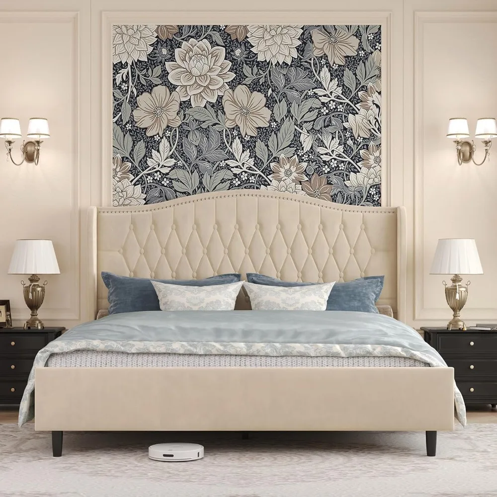 

Belffin King Size Bed Frame with Upholstered Wingback Headboard, Vintage Velvet Platform Bed with Button Tufted & Nailhead Trim,