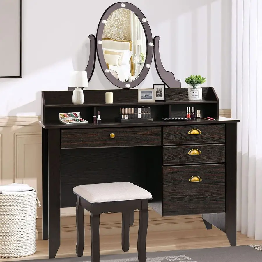 Home Office Desk with Drawers and Hutch, Small Computer Desk with File Drawers, Writing Study Teens Student Desk for Bedroom, St