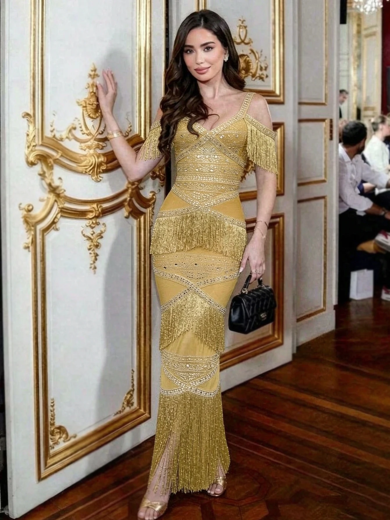 Sexy Cold Shoulder Fringe Dress Sparkly Rhinestone Maxi Dress Tiered Tassel Latin Dance Dress for Party