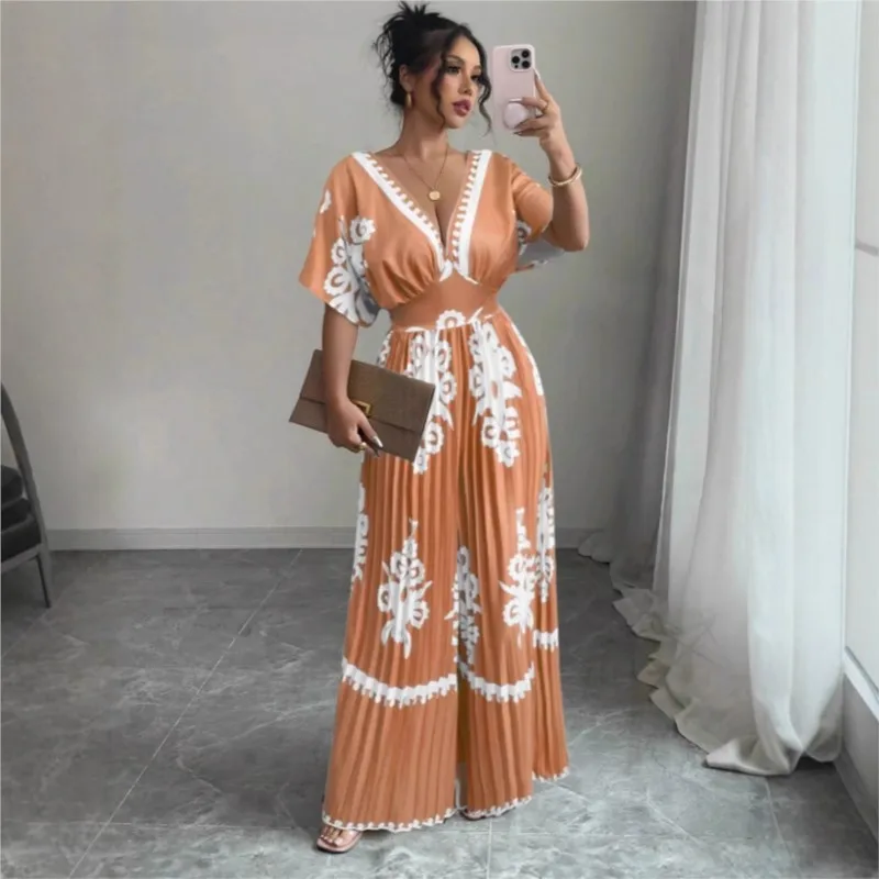 Tuta con pantaloni larghi a maniche corte stampata casual alla moda con scollo a V sexy per la nuova tuta a vita alta da donna primavera estate