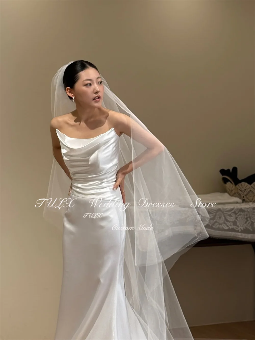 TULX elfenbeinfarbenes koreanisches Hochzeitskleid für Fotoshootings, O-Ausschnitt, Satin-Brautkleider, elegantes Meerjungfrau-langes Korsett, Omar Nadelautomaten 2025