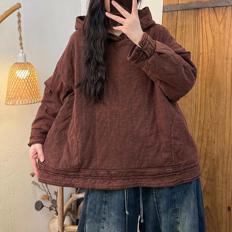 

Зима 2025, Новое поступление, зимний художественный стиль, женские повседневные свободные хлопковые пуловеры, винтажная теплая утолщенная толстовка с воротником с капюшоном H124