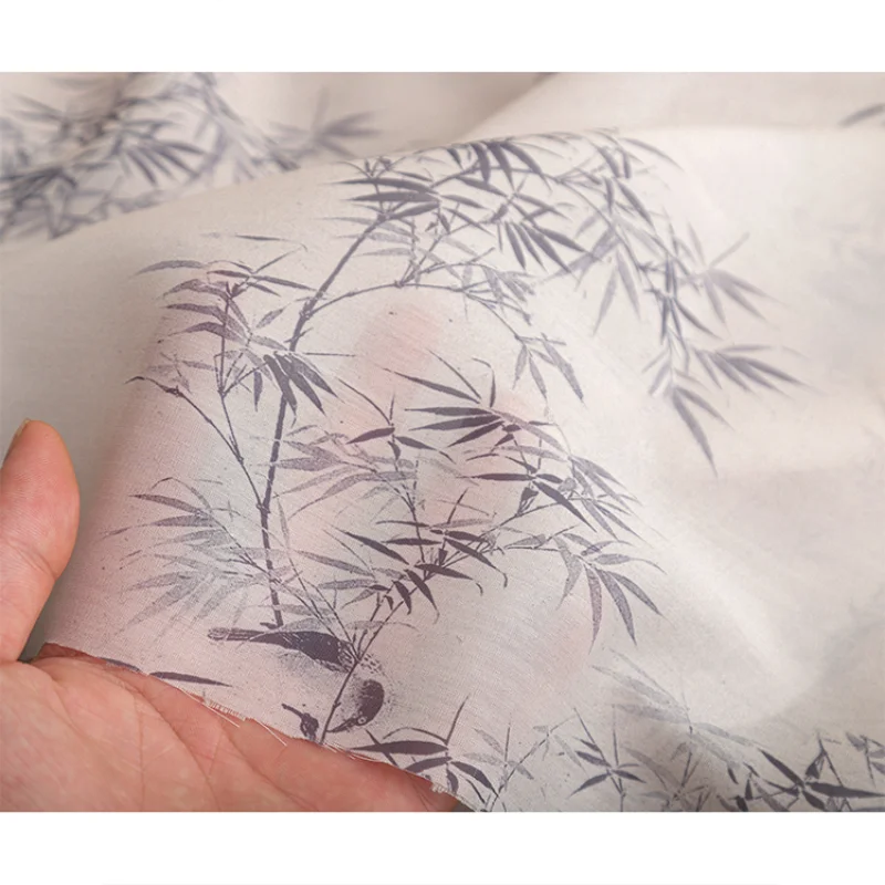 Apricot Bamboo Gradient Printed Fabric with Ink Painting New Chinese Retro Hanfu Dress Designer Fabric