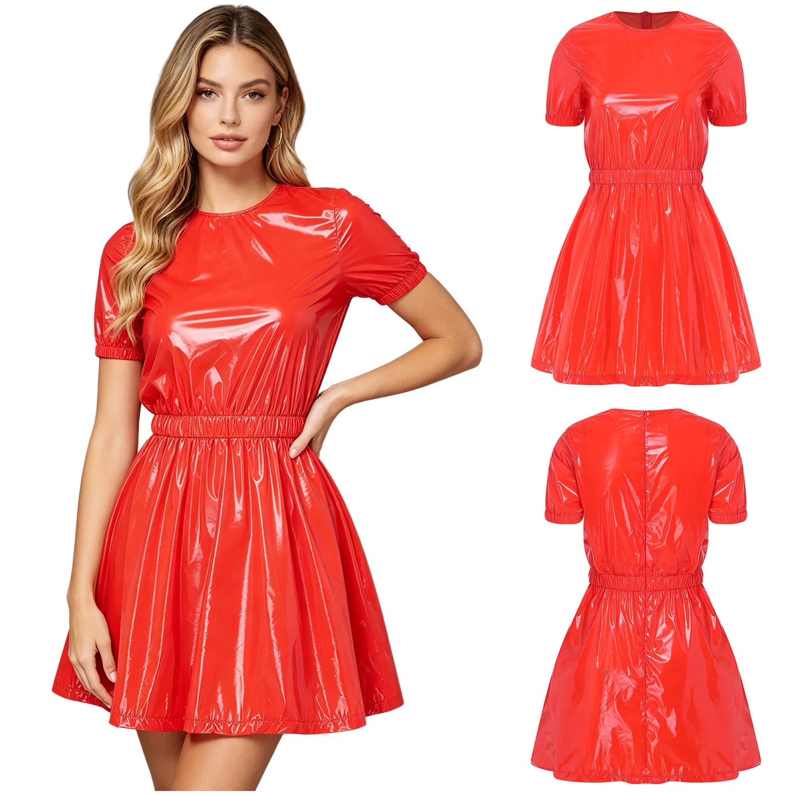 Damen Leder Clubwear Kleid Kurzarm Elastische Taille Unsichtbarer Reißverschluss Hinten Wasserabweisendes Kleid Nachtclub Party Nachthemd