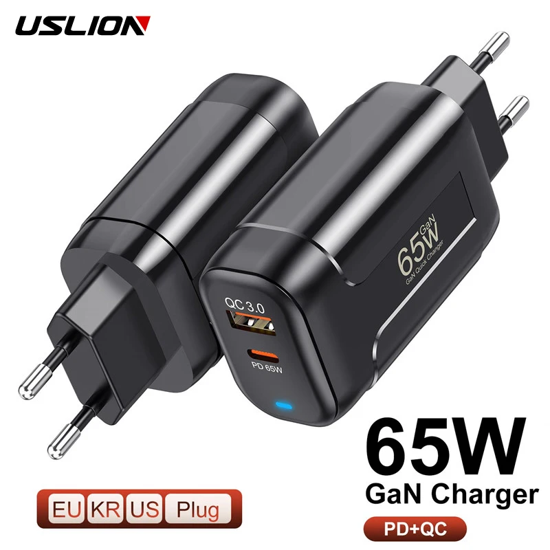 USLION 65W GaN USB C Charger Laptop Ipad Mobile Phone Quick Charge PD USB-C Type-C Fast USB Charger For iPhone 15 14 13 12 Pro