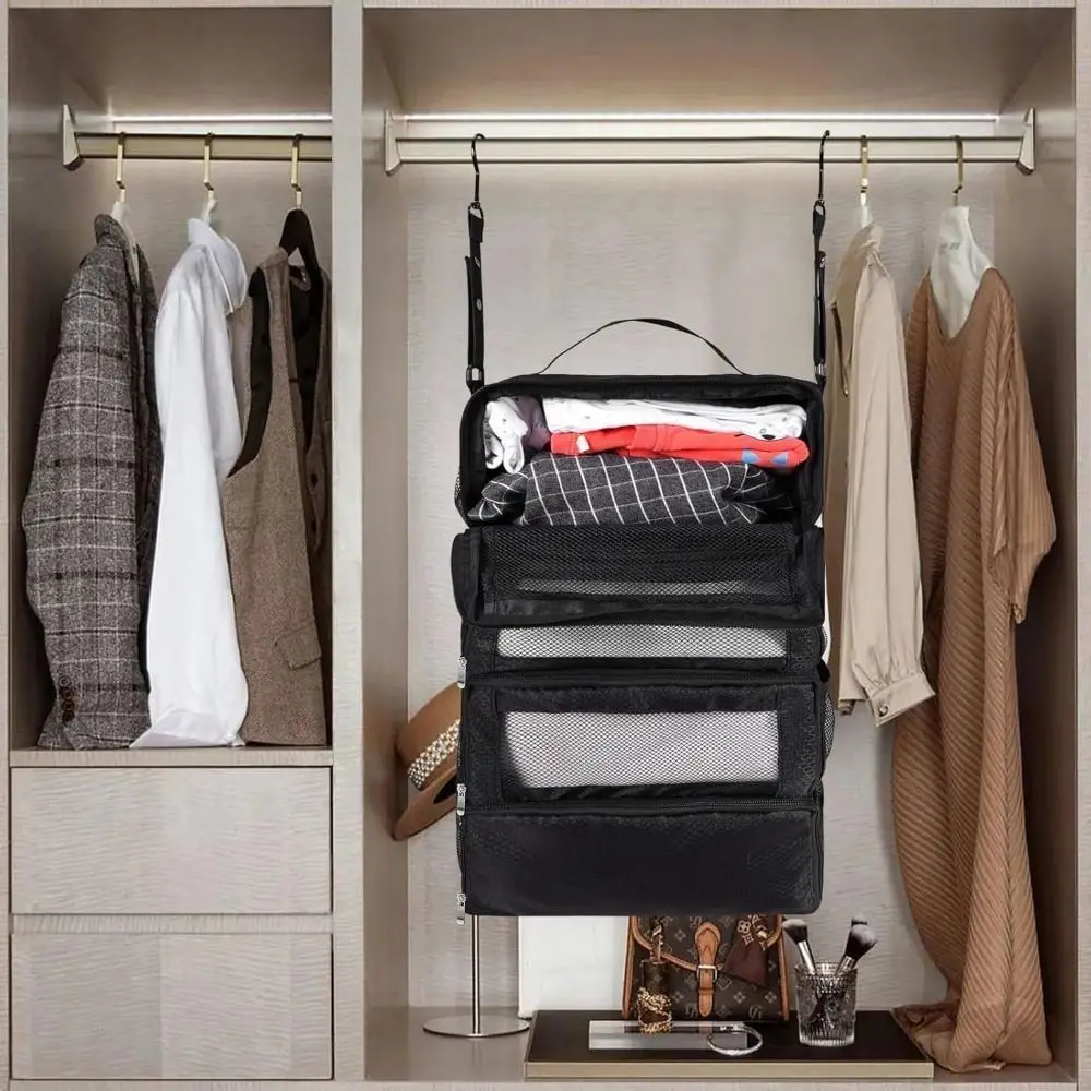 

Multi-Layer Foldable Clothes Storage Bag Large Capacity with Hook Wardrobe Hanging Clothes Bag Top Handle Multifunctional