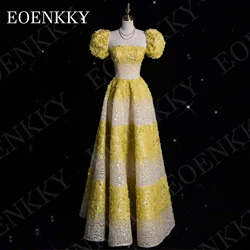 EOENKKY Elegant Strapless Prom Dress A Line Puff Sleeves Princess Sequin Formal Occasion Dresses Sparkly Floor Length Customized