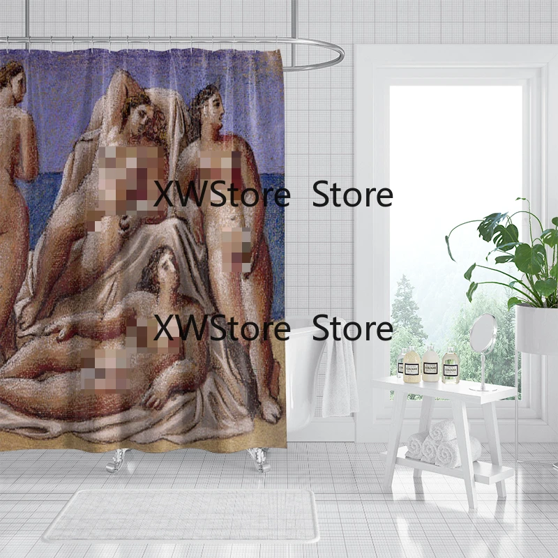 

Fashion Vintage Hand-Drawn Character Portraits Bathroom Curtain, Waterproof Shower Curtain with Hooks