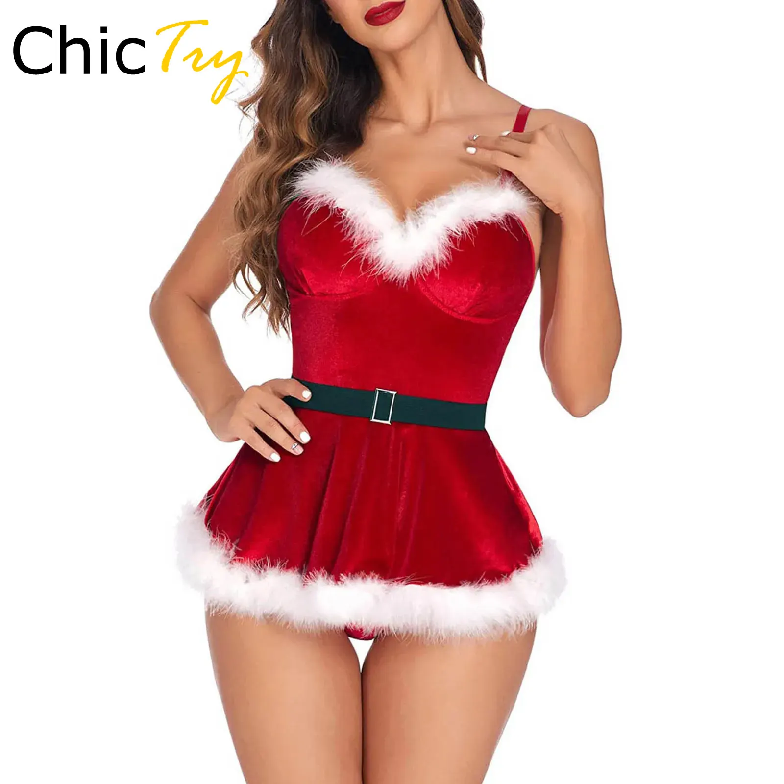 Women Red Xmas Santa Claus Christmas Costume Plush Feather Trim V Neck Skirted Bodysuit with Belt Dress Up Clubwear Party Outfit