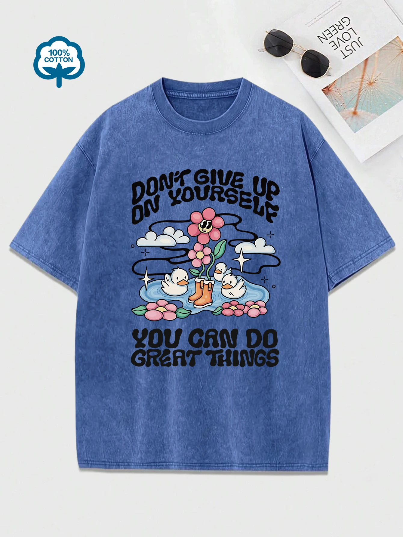 Don'T Give Up On Yourself Happy Swimming Ducks Print Washed Tee Shirts Womens Cotton Hip Hop T-Shirts Summer Tops Loose Clothes