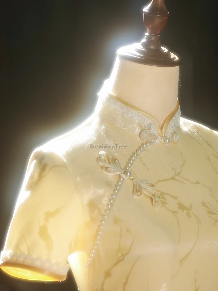 

2025 new chinese traditional style women cheongsam dress summer daily wear retro stand collar short sleeve long slimming qipao