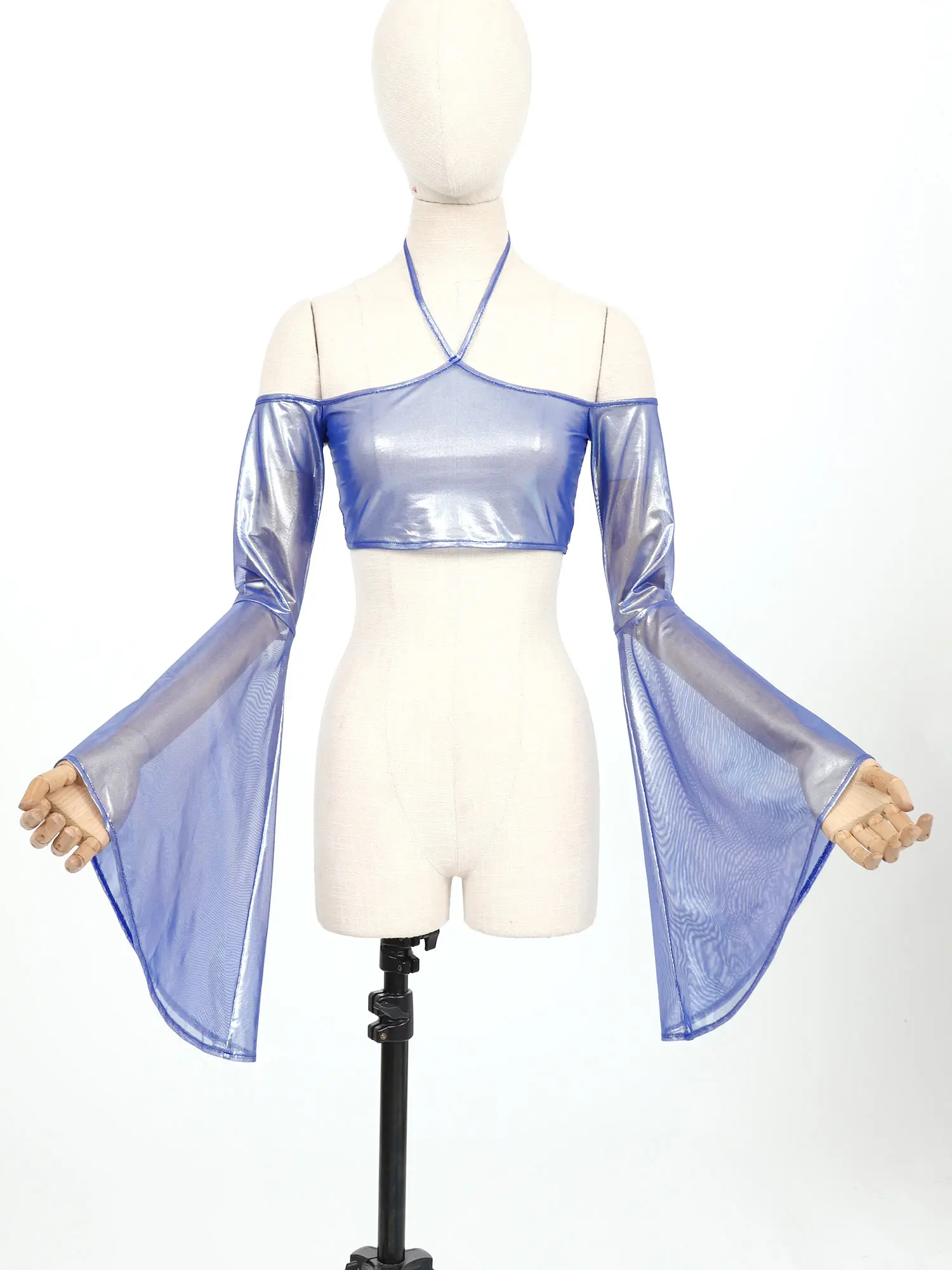 

Women Shimmering Sheer Crop Tops Off Shoulder Halter Flared Long Sleeve Mesh Cropped T-shirt Cover Up for Camisole Corset Shirts