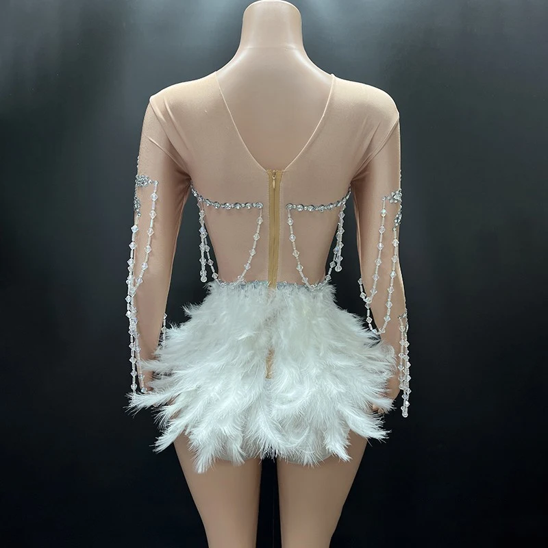 Robe de Soirée Sexy en Plumes et Strass pour Femme, Tenue de Pole Dance, Costume de Cosplay, d'Halloween, Bar, Ds, Dj, Tricot, Wlwear, XS8591