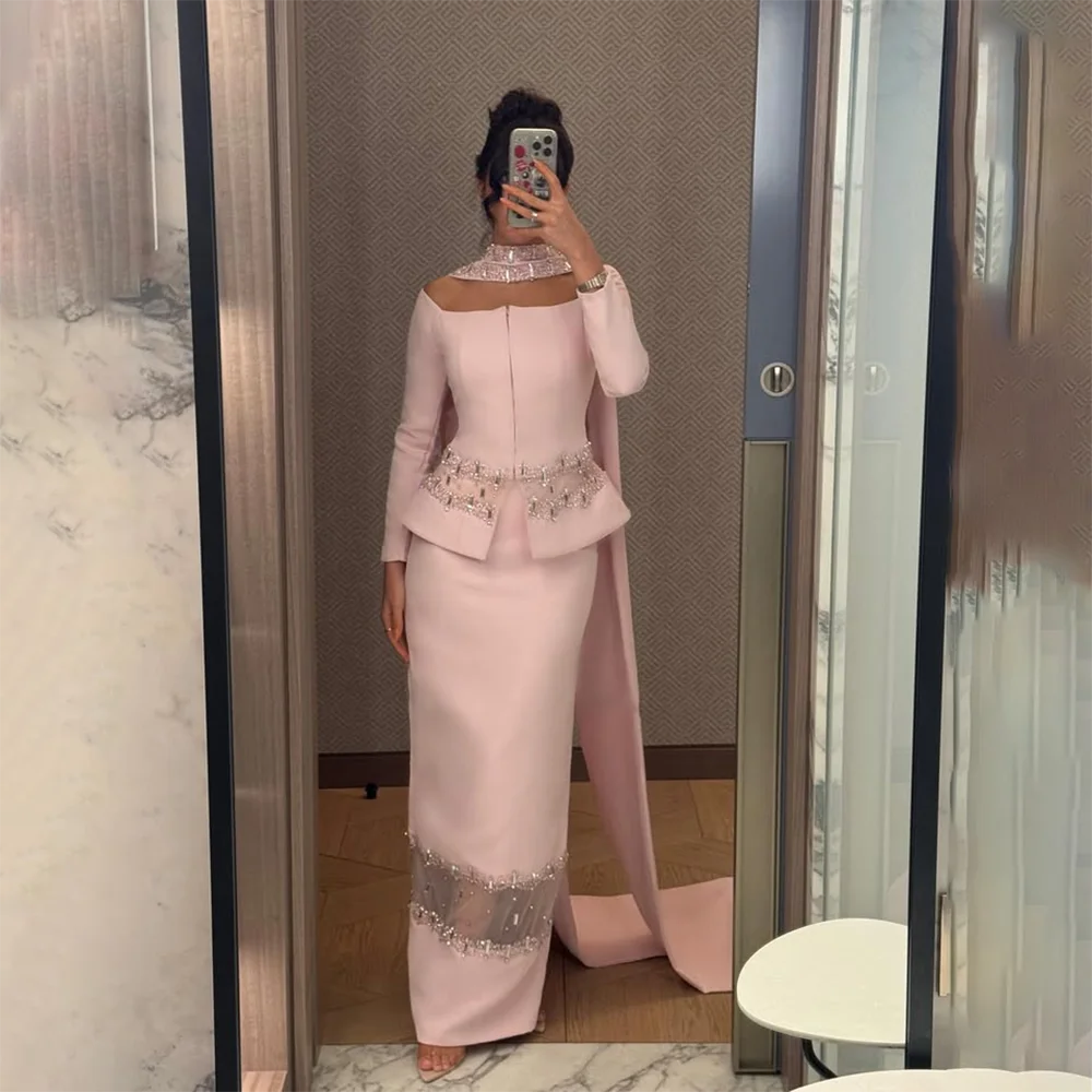 

Formal Evening Dress Off The Shoulder Long Sleeves Pink Party Dresses for Women 2025 Crystal Straight Prom Gowns Customized