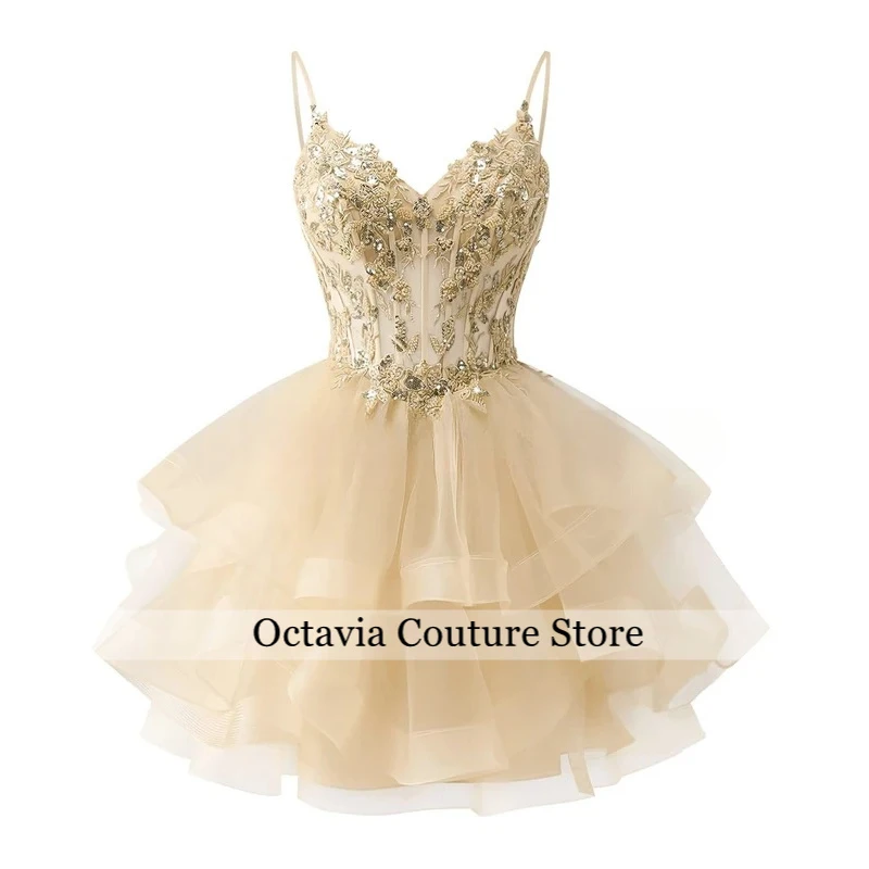 Customized Tiered Tulle A Line Homecoming Dress For Teens Sparkly Lace Applique Beaded Short Prom Dress Mini Cocktail Party Gown