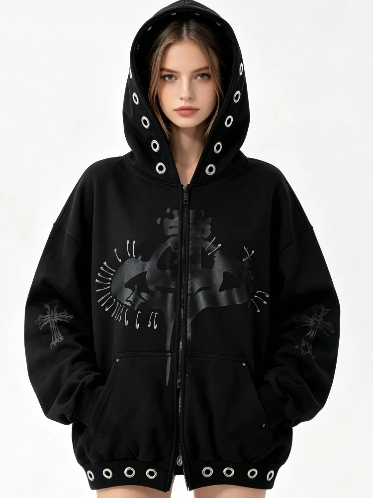 Metal Eyelet Cross Skull Zip Up Hoodie For Women Oversized Safety Pin Decor Grunge Punk Street Hoodie