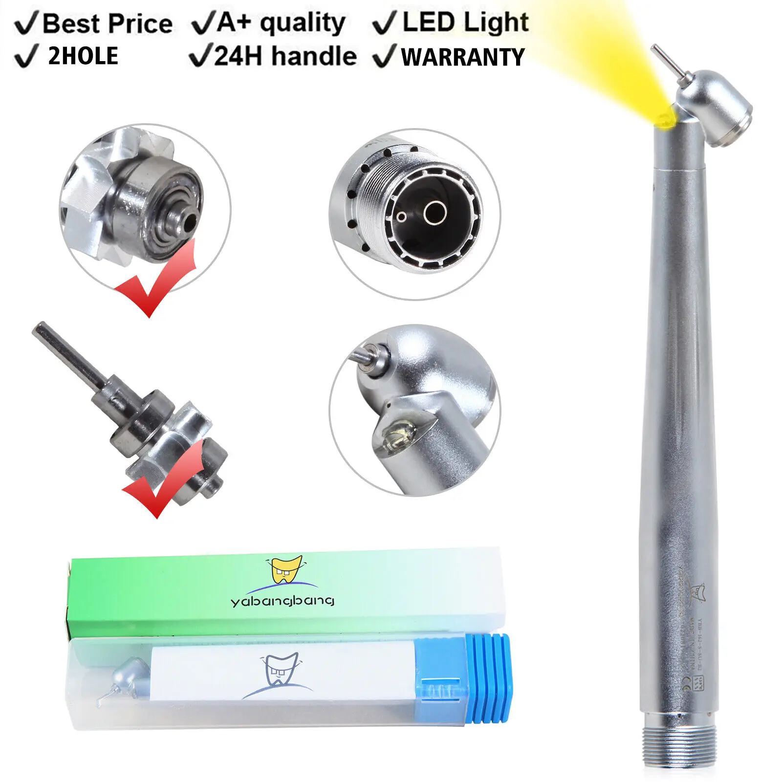 

45 Degree Dental E-Generator LED Fiber Optic High Speed Handpiece Turbina 2 Hole Fit Kavo