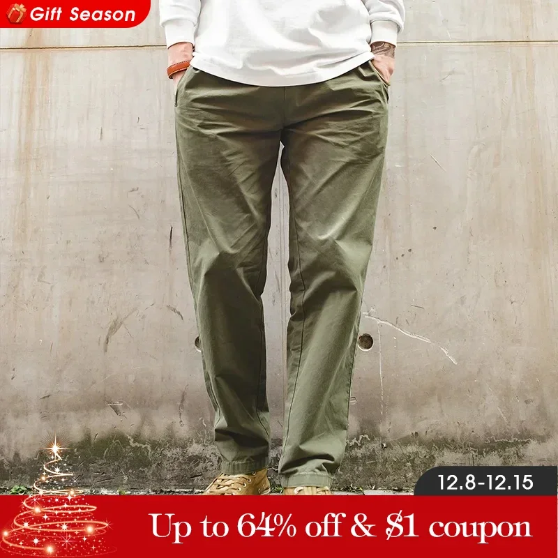 Maden Men’s Casual Cotton Dad Pants Regular Straight Fit Solid Khaki Pants With Elasticated Waist 4 Colors