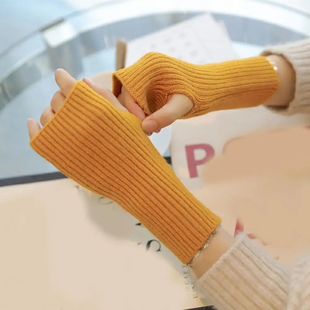 Warm Knitted Gloves Knitted Half-finger Gloves for Students High Elasticity Arm Warmers with Non-slip Design Windproof for Fall