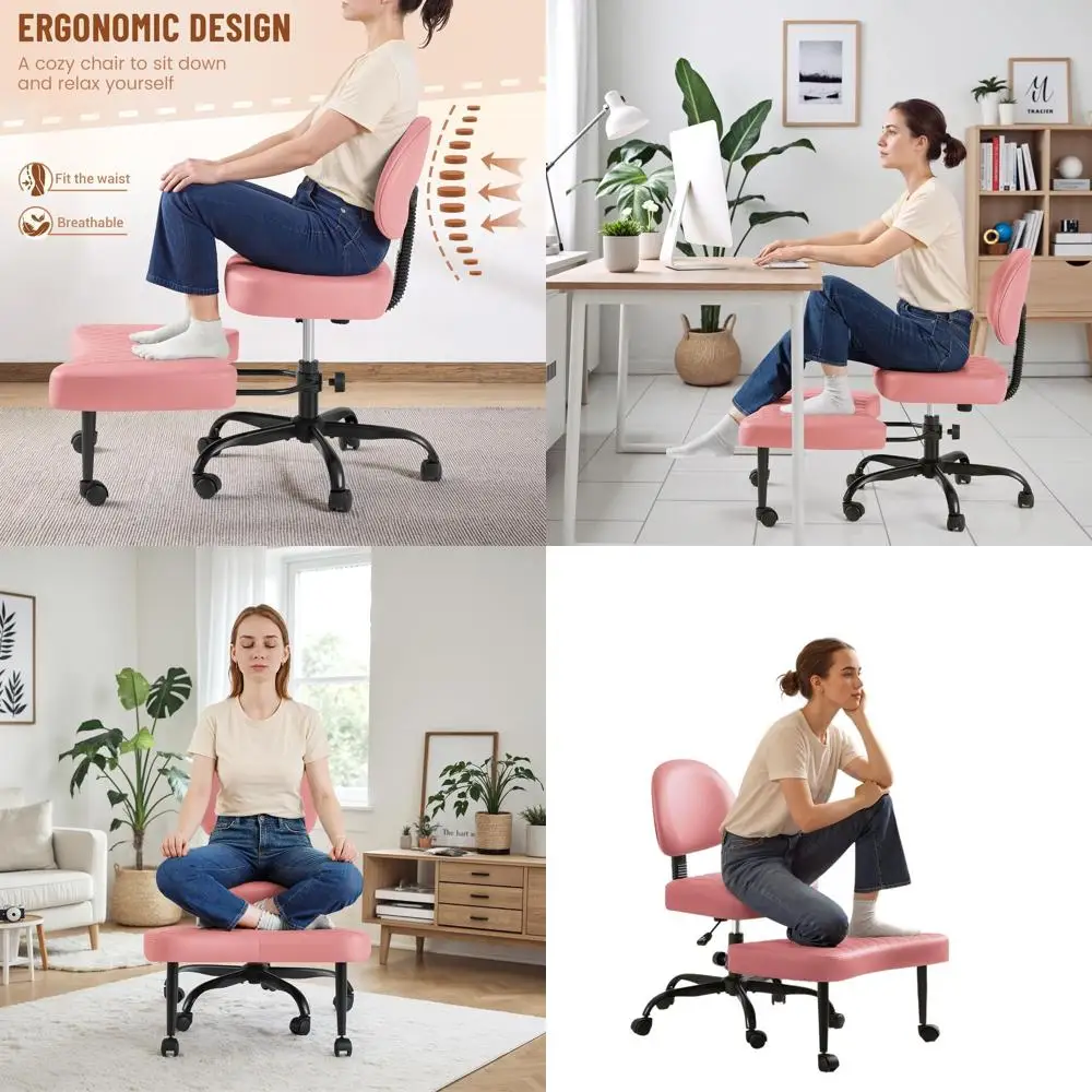 

Swivel Ergonomic Cross-Legged Desk Chair with Adjustable Height, Wheels, Lumbar Support for Meditation and ADHD (Leather, Pink)