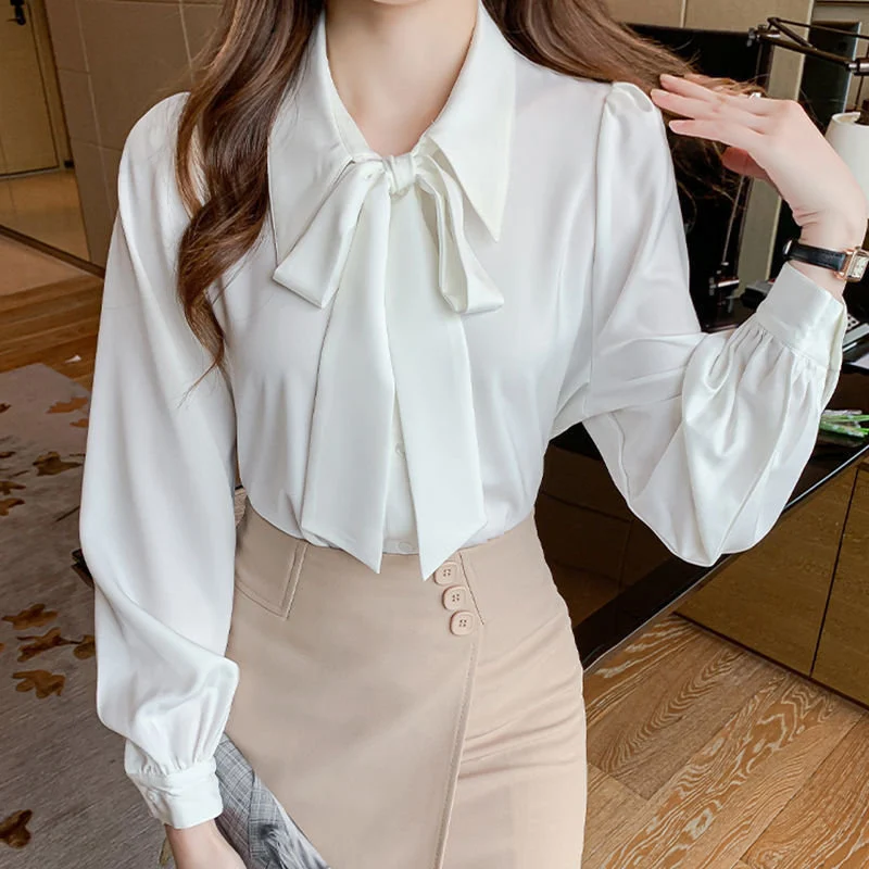 White Elegant Chic Bow Work Wear Korean Fashion Blouse Top Women Spring Autumn Lapel Long Sleeve Button Up Shirt Chemisier Femme