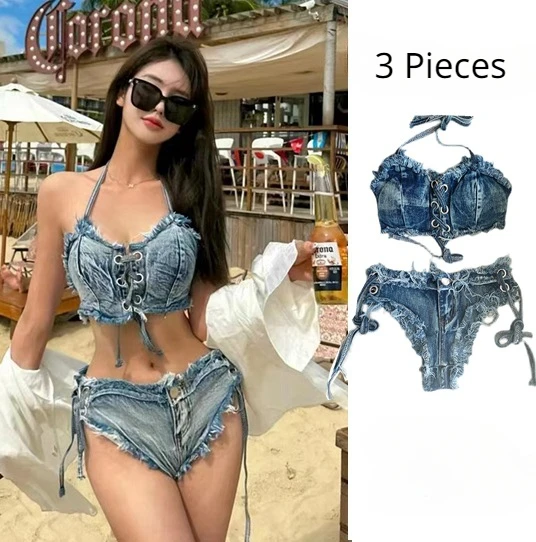 . Conjunto de Bikini de tela vaquera para mujer, traje de baño con sujetador Sexy, parte inferior y blusa de playa, 3 unidades por Set