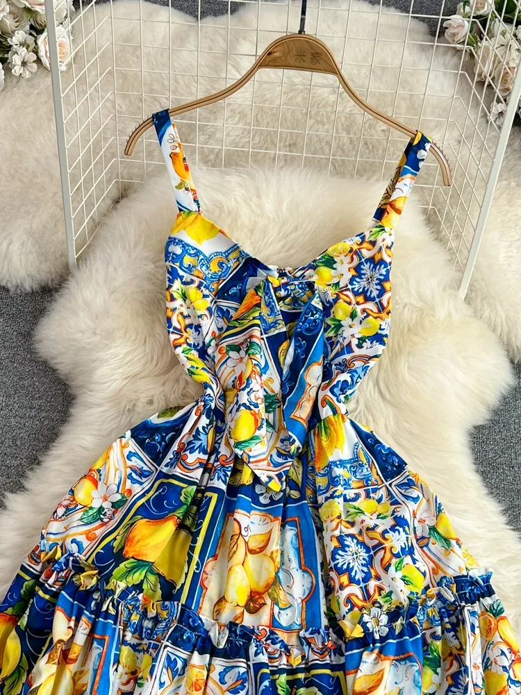 Beach Vacation Skirt with Suspended Strap Summer Gentle Wind, Waist Wrapped Sleeveless A-line Printed Dress Girl Dresses Leisure