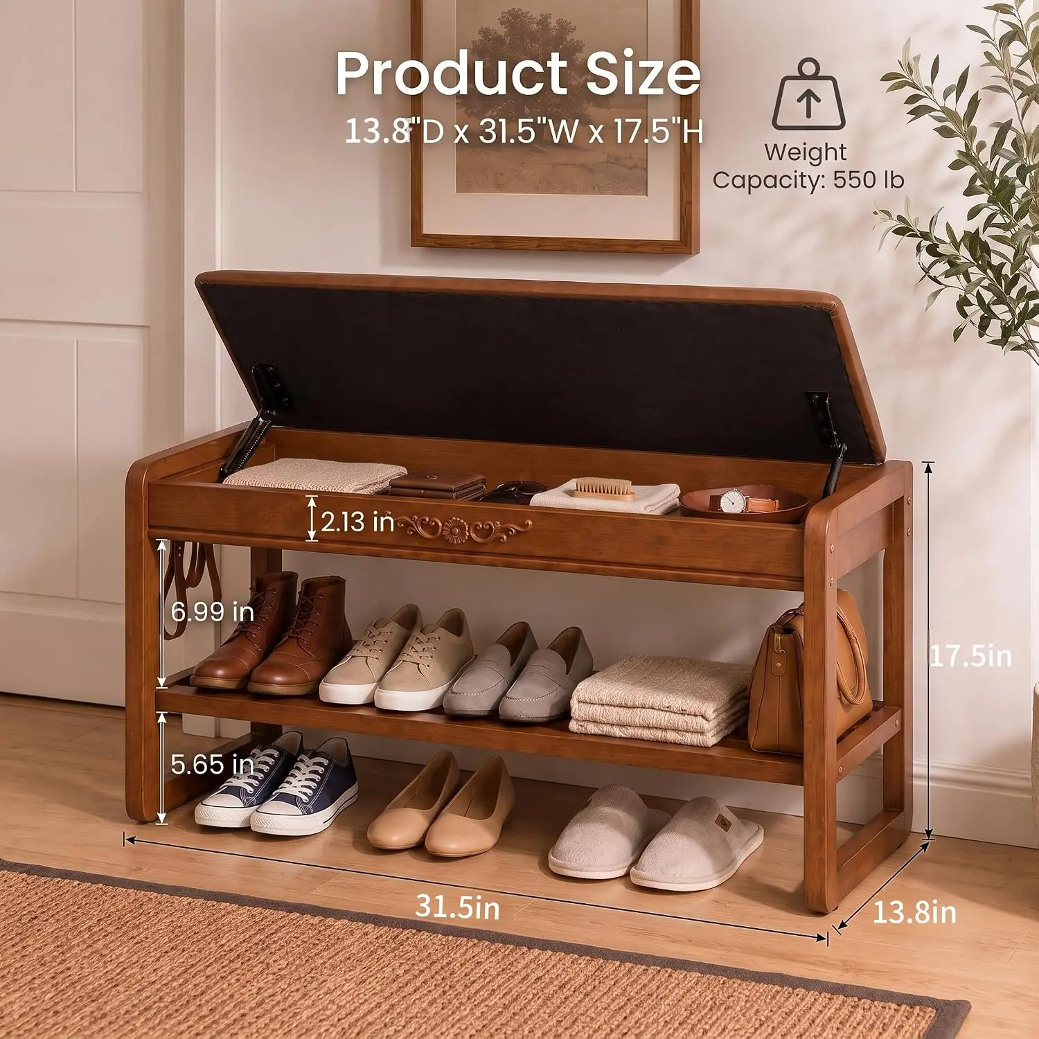 Solid Wood Shoe Rack Bench With Flip Top Hidden Storage, Entryway Footwear Organizer Holder, Padded Leather Seating Furniture Display Rack For Hallway Living Room, Rustic Style, Walnut, One Piece