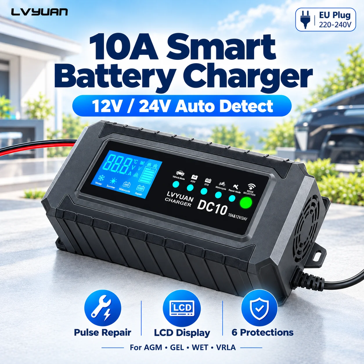 Caricabatterie Intelligente LVYUAN 10A 12V/24V con LCD e Riparazione a Impulsi per Auto, Camion, Moto, Barca, Camper, Batterie AGM, GEL, WET, Spina EU