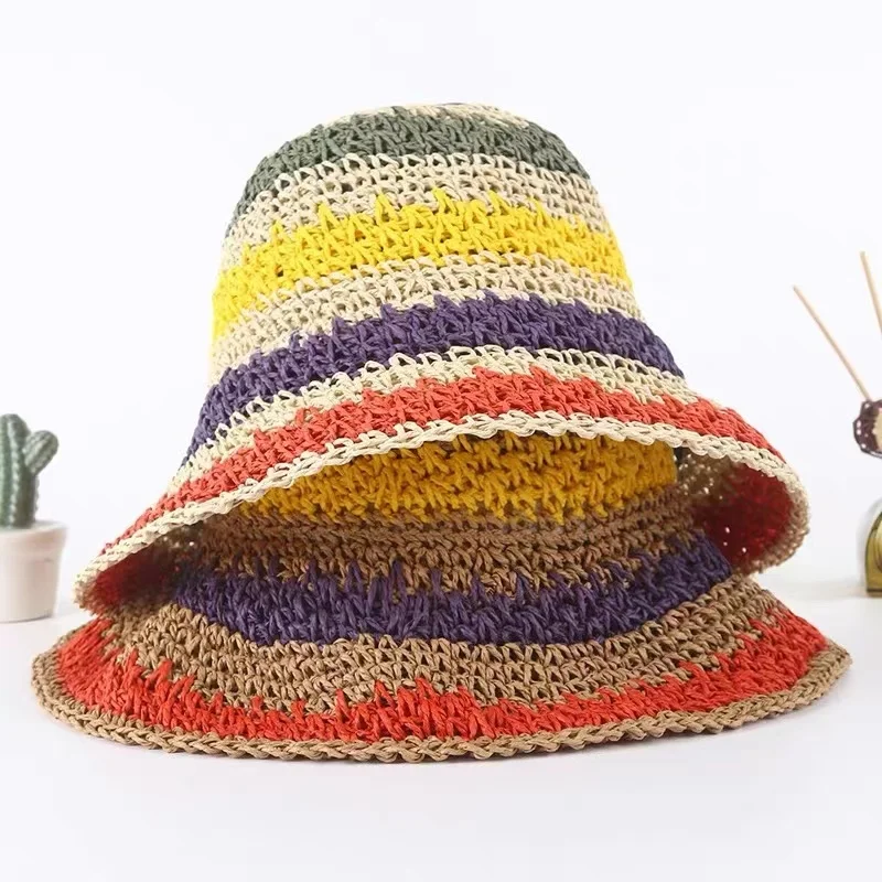 100%Raffia rainbow Girl Sun Hat Wide Brim Floppy Summer Hats For Women Beach Panama Straw Dome Bucket Hat Femme Shade Hat