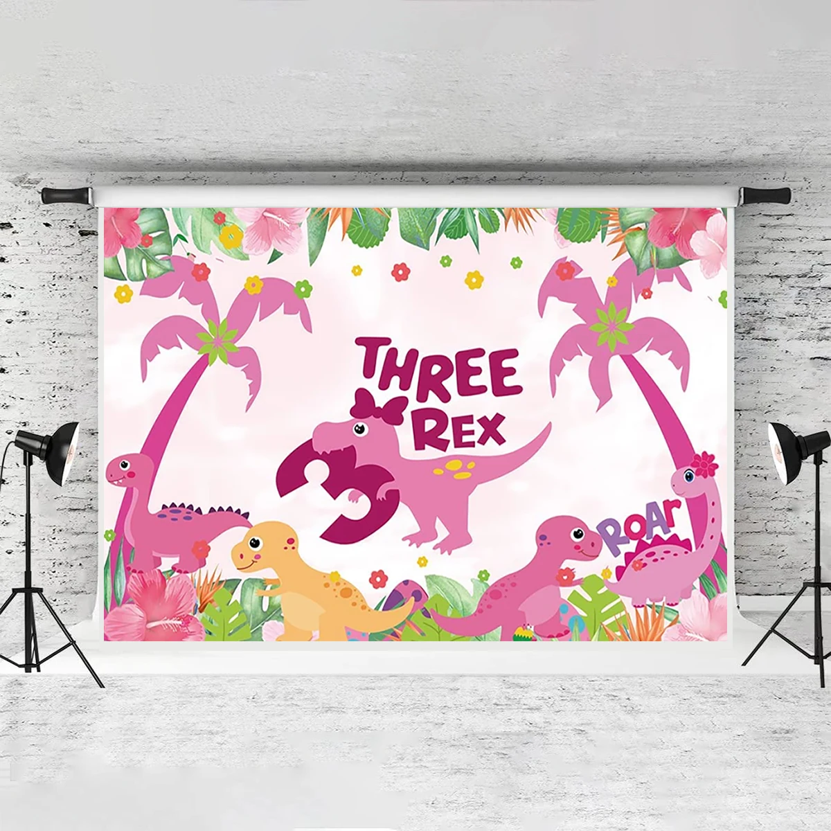 Three Rex Jungle Dinosaur Theme Happy 3th Birthday Girls Party Backdrop Photography Background Bowknot Baby Shower Decoration