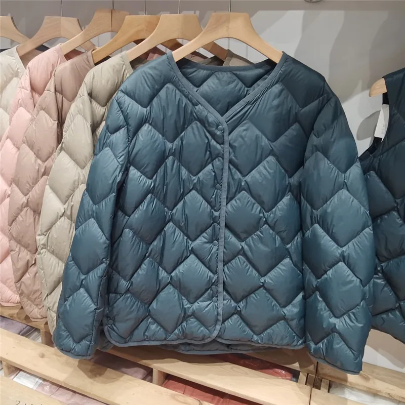 Frauen Liner Ente Unten Jacke V-ausschnitt Weibliche Winter Warm Kragen Mode Ultraleicht Stepp Puffer Mantel Büro Dame