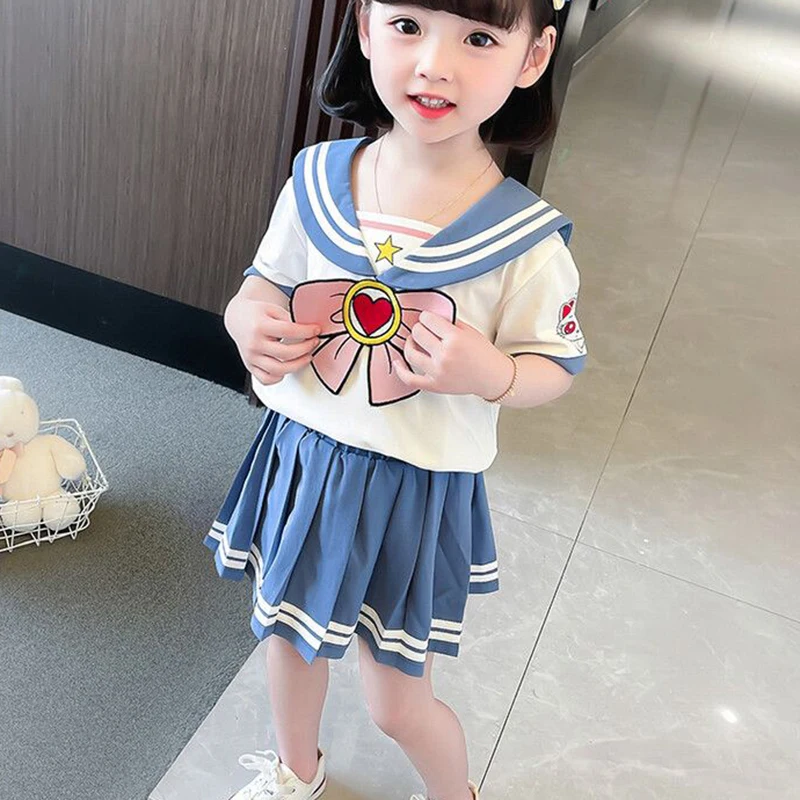 Kids Girls Clothes Sets Cartoon Bow T-Shirts Tops Pleated Skirts Suits Sailor Moon Cosplay Party Custume Children Clothes Sets