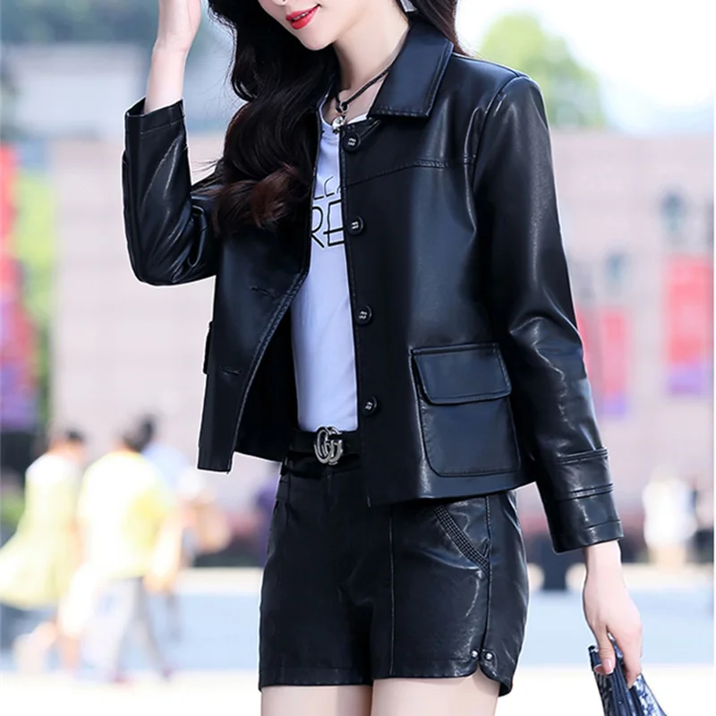 Spring Women's Short Leather Clothes and Autumn Casual Loose Single-Breasted Suit Lapel Office Lady Sheepskin Leather Jackets