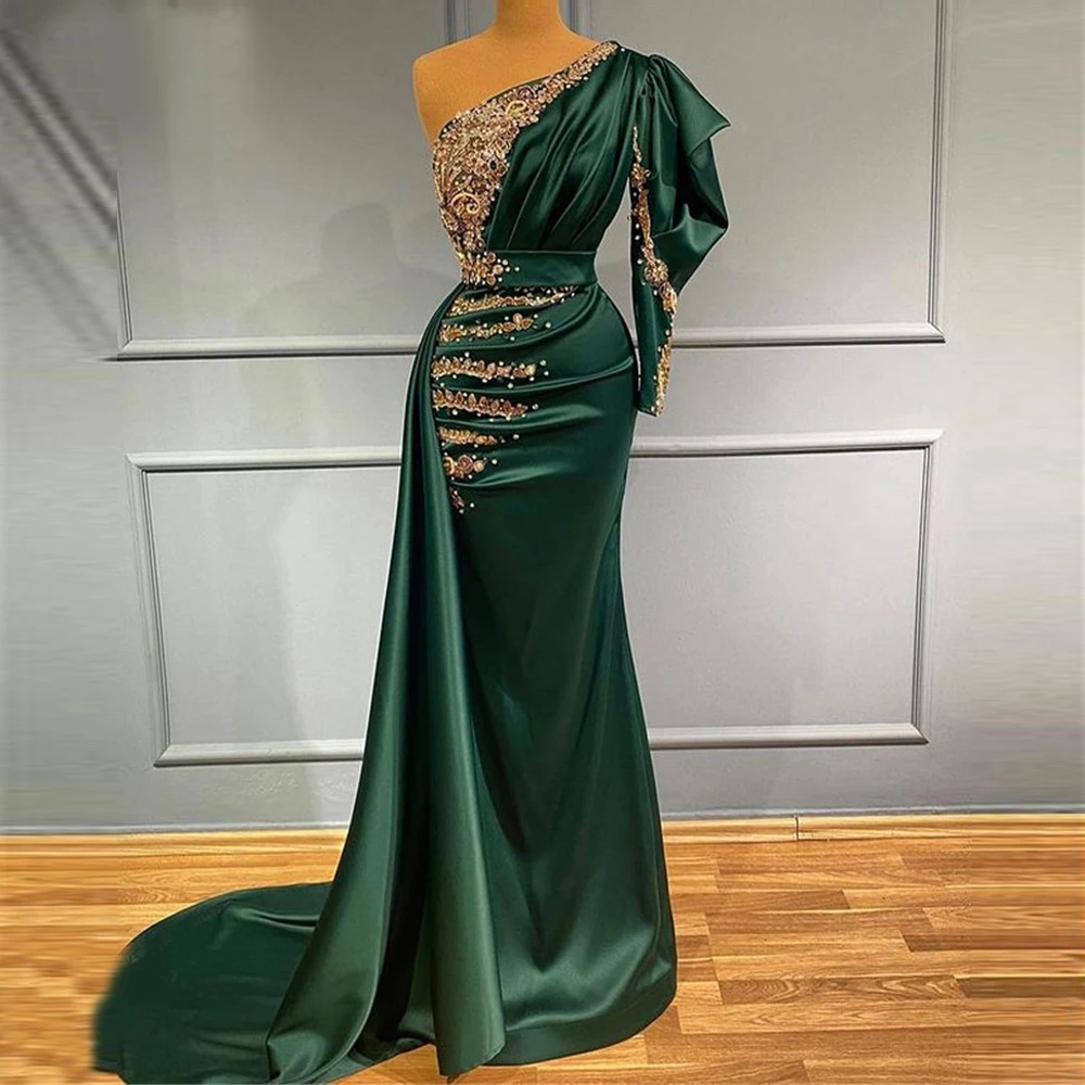 Dark Green Satin Mermaid Avondjurken Applique Kralen Pleats Een Schouder Lange Prom Jassen Dubai Vrouwen Formele Jurk فساتين السه