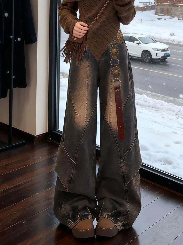 

American High Street Design Sense Patchwork Denim Pants Women's Spicy Girl Wasteland Sle Weathered Wa Long Drag Pants