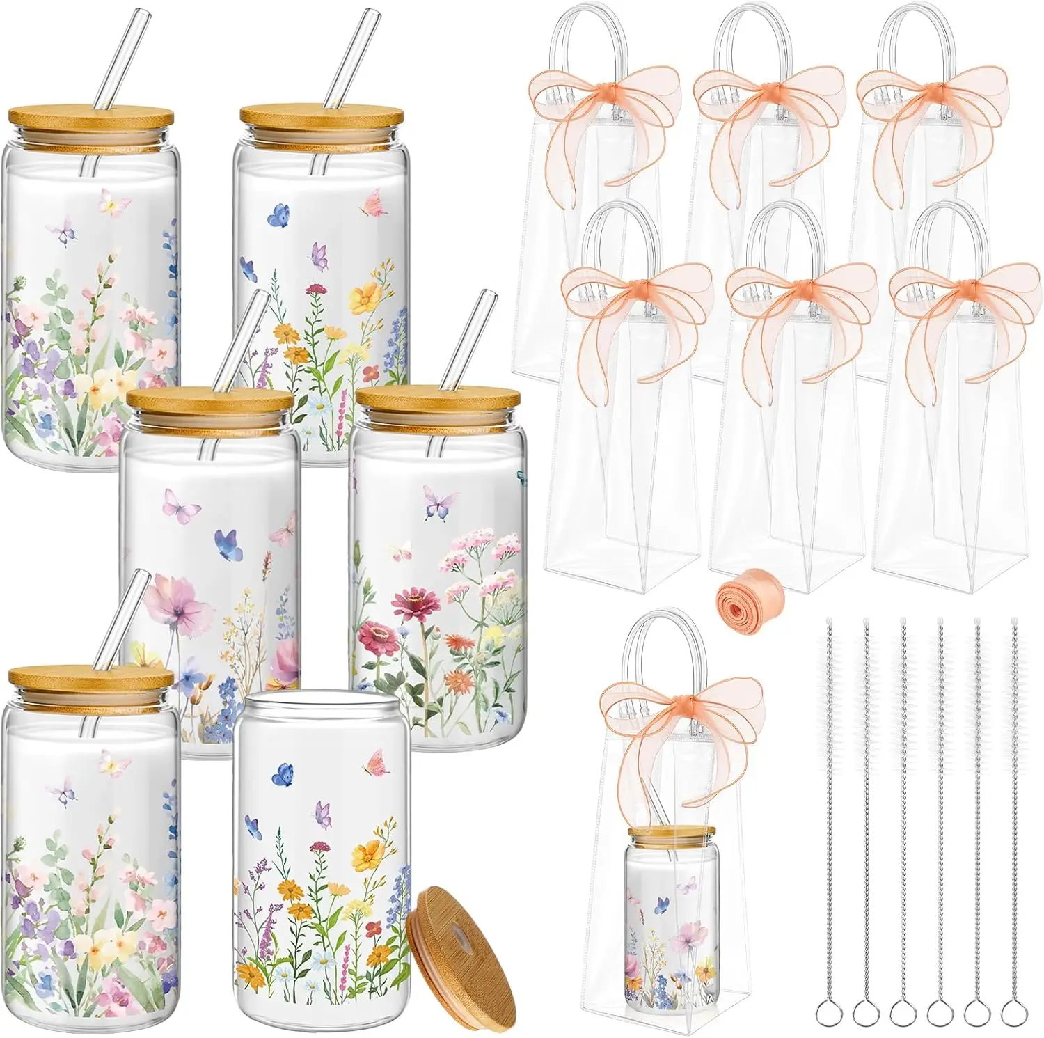 

6 Sets Wildflower Glass Cups with Clear Gift Bag 16 oz Reusable Pink Iced Coffee Mugs Aesthetic Cute Tumbler with Lids