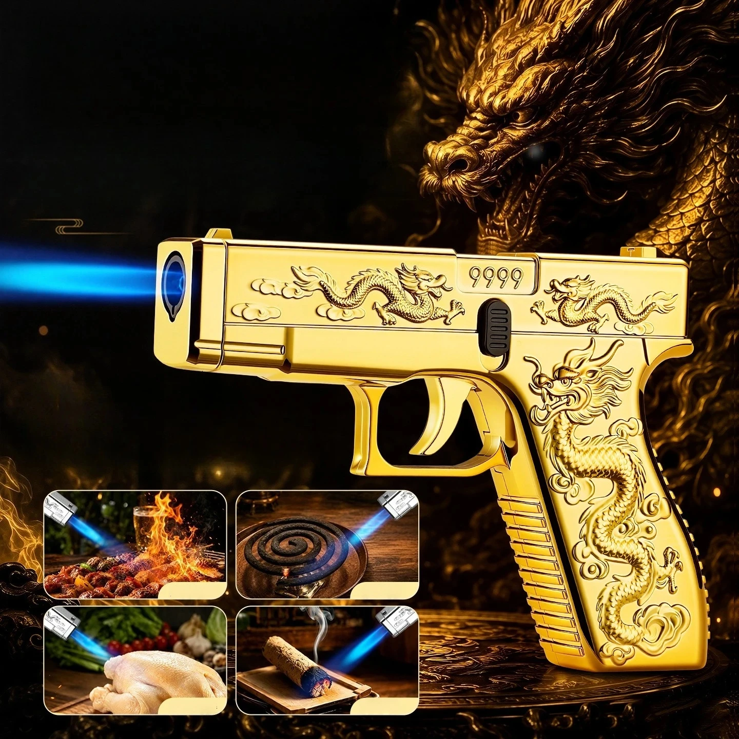 New Pistol Shaped Dragon Embossed Inflatable Lighter Windproof Personalized and Creative Cigarette Lighter for Men As A Gift