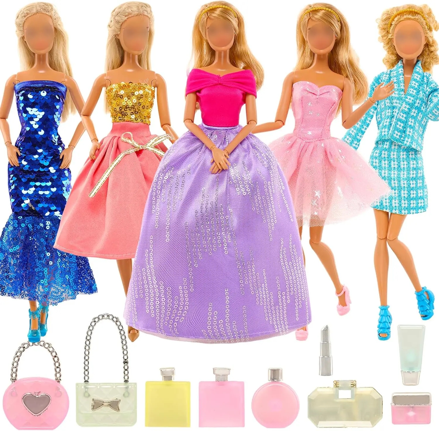 BARWA 14 Pcs Doll Clothes and Accessories Sequins Mermaid Dresses Casual Office Outfits Party Dresses Perfume Bag Accessories