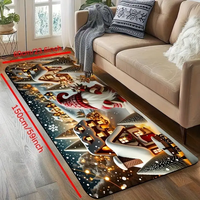VIKAMA Christmas Runner Rug Gnome Winter Village Snow Print Non Slip Washable Mat Hallway Entryway Winter Festive Decor