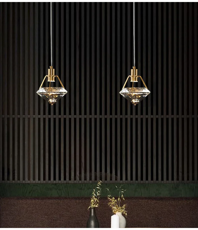 Luxury Diamond Shape Crystal Bedside Small Pendant Lights Bedroom Living Room Minimalist Modern Restaurant Indoor Hanging Lamps