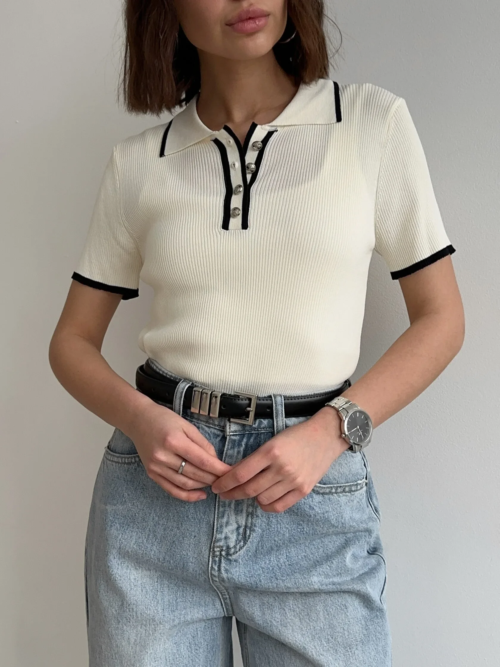 Sumuyoo 2026 Summer New Polo Neck Knitted Top Sleeve Contrast Slim Pit Short Sleeve Blouse Casual Elegant Fashio