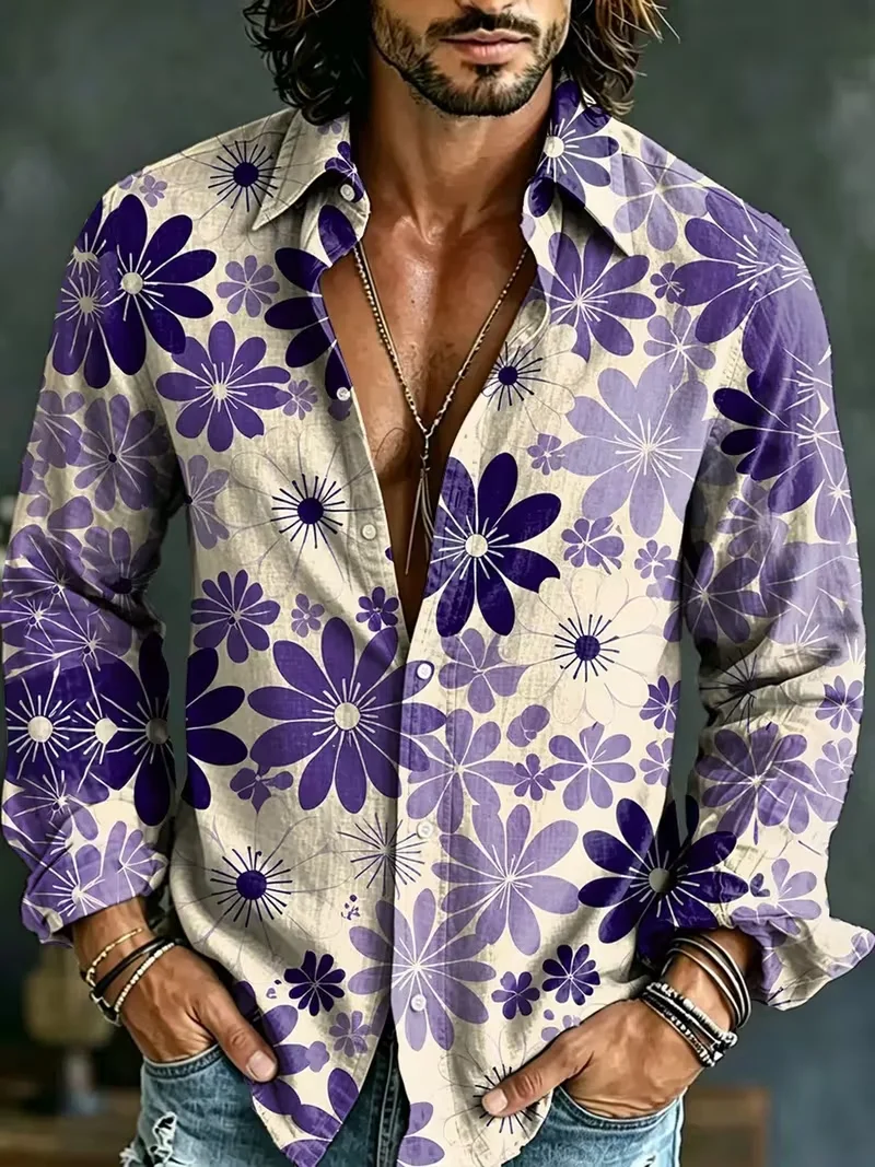 New Men's Deep Purple Daisy Flower 3D Printed Long Sleeve Shirt Texture Collar Outdoor Travel Top Clothing